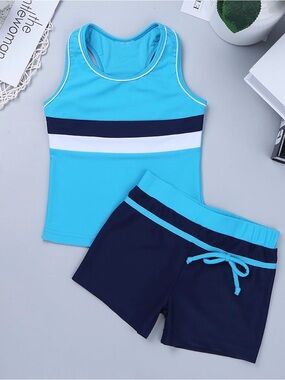 NWT Kids Two Piece Aqua & Navy Swim Set - Tankini Top and Swim Shorts
